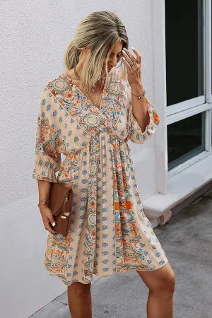 Beige Boho Print Wrap Neck Tie Back Pleated Hem Dress