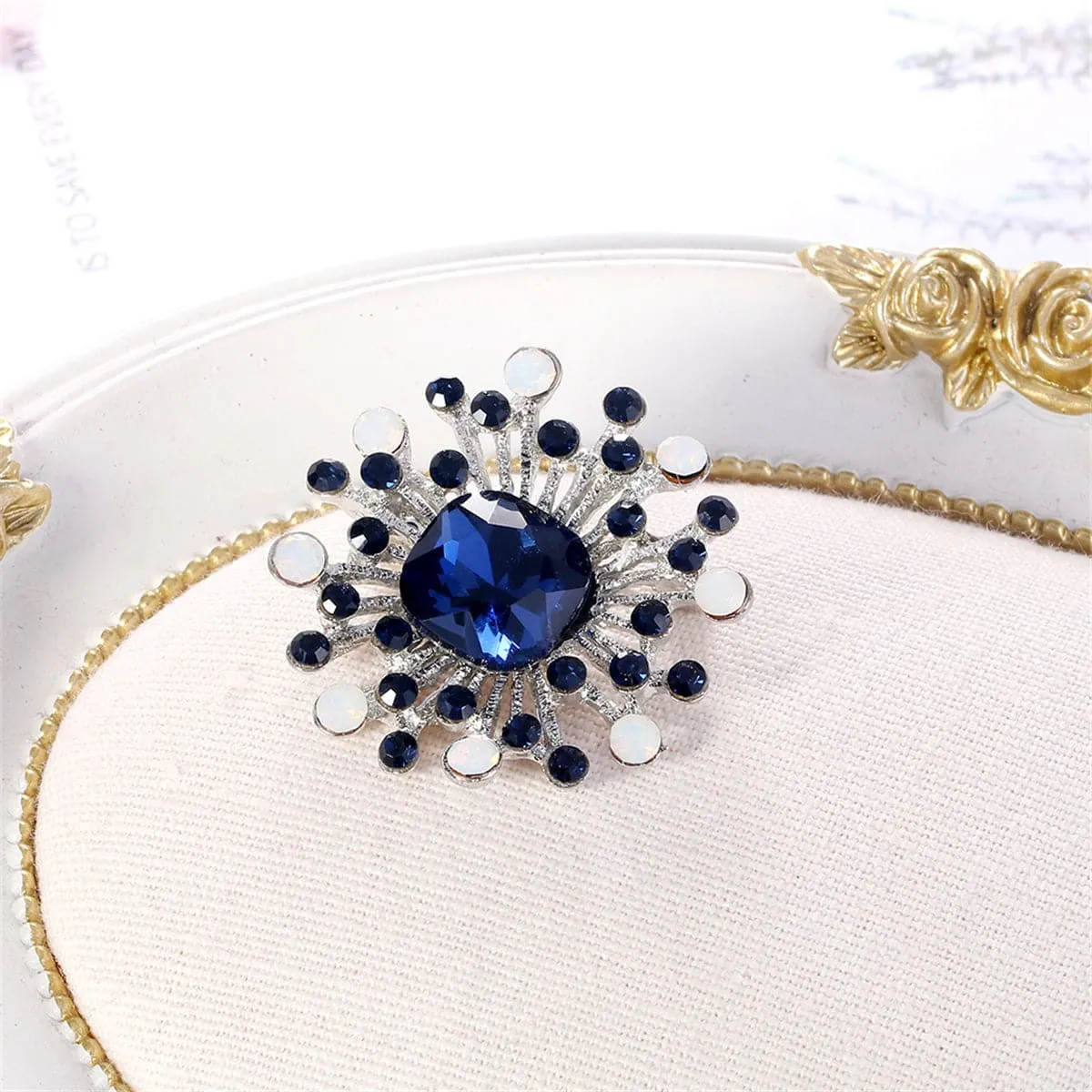 Blue Cubic Zirconia & Silver-Plated Flower Brooch