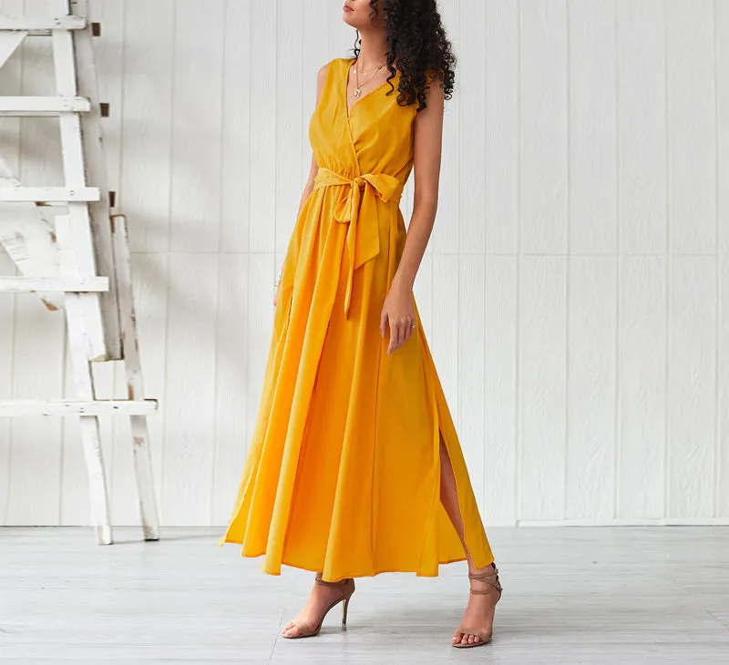 Bohemian Net Color V-neck Sleeveless High Slit Dress