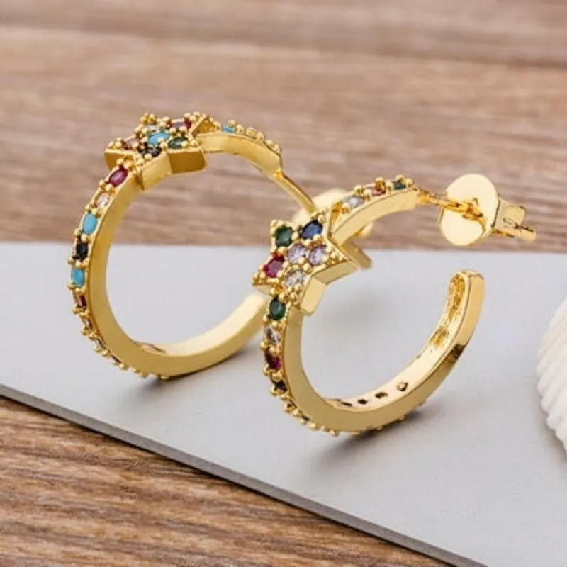 Luxury Butterfly Rainbow Stud Earrings 14K Gold For Girls Anniversary Party Jewelry