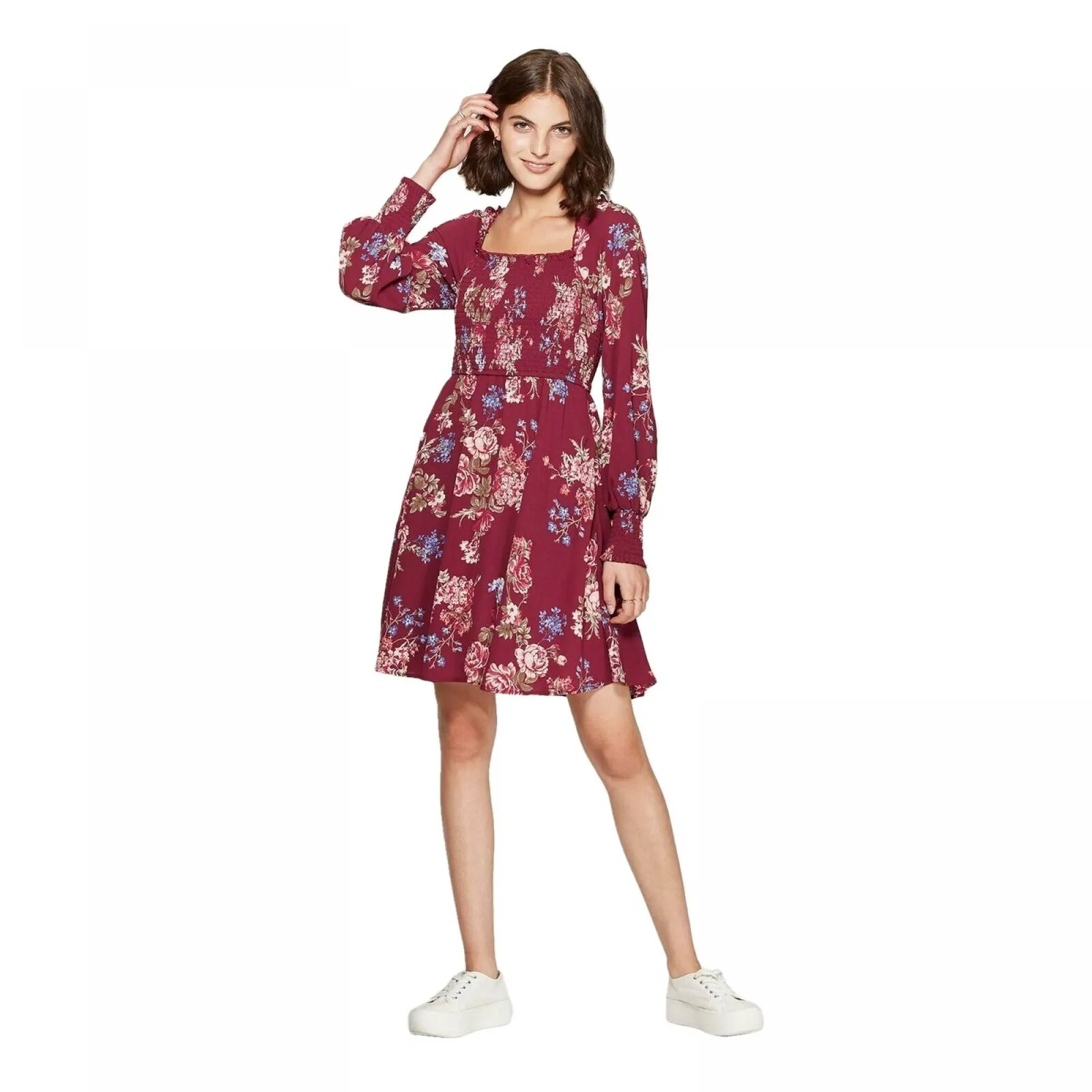 Xhilaration Women's Floral Print Long Sleeve Square Neck Smocked Top Mini Dress